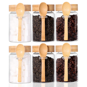 Leaves and Trees Y glass jar with screw lid and spoon for airtight storage.