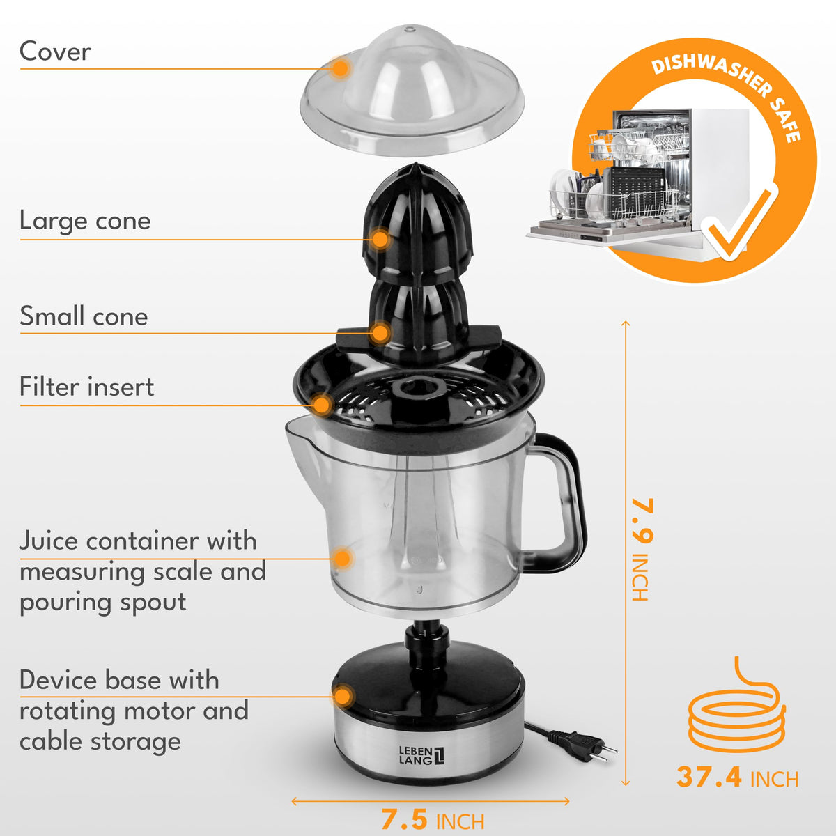 LEBENLANG electric-juicer-two-cones for easy citrus juice from oranges and lemons.