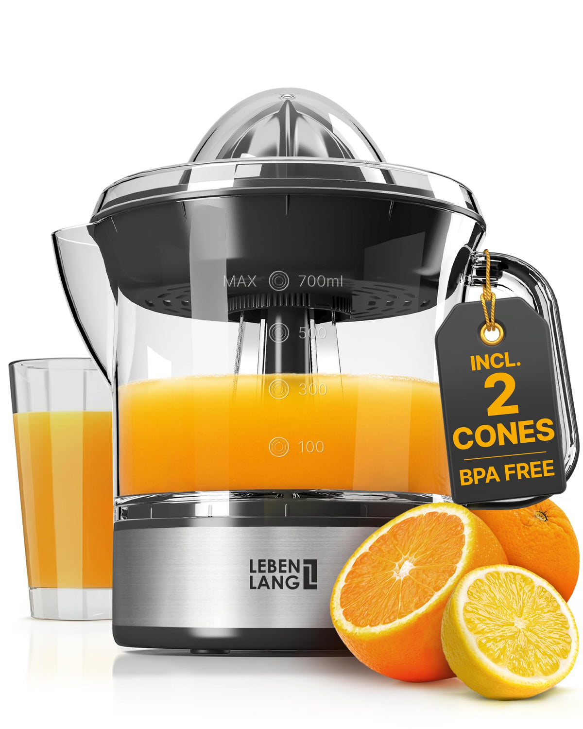 LEBENLANG orange juicer electric with two cones enables efficient juice extraction.
