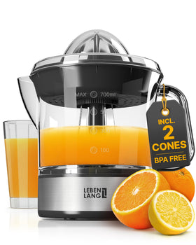 LEBENLANG orange juicer electric with two cones enables efficient juice extraction.