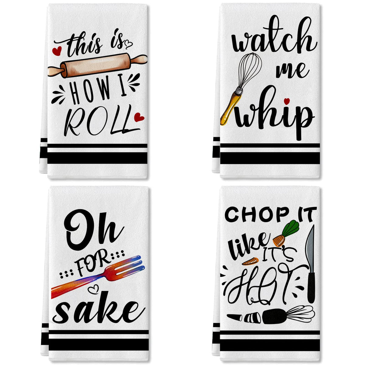 Lebsitey four-piece kitchen towels set with funny sayings for stylish drying