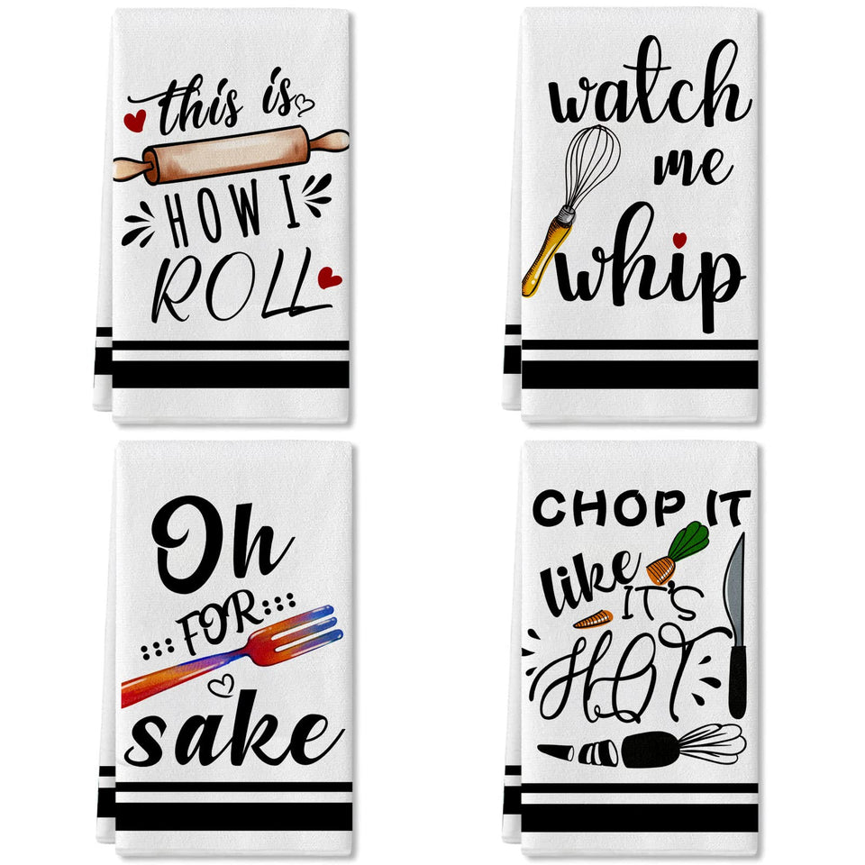 Lebsitey four-piece kitchen towels set with funny sayings for stylish drying