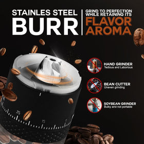 Leburry compact travel coffee grinder showcased in a bag-ready form.
