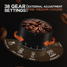 Leburry precision burr grinder with 38 settings for espresso to cold brew.