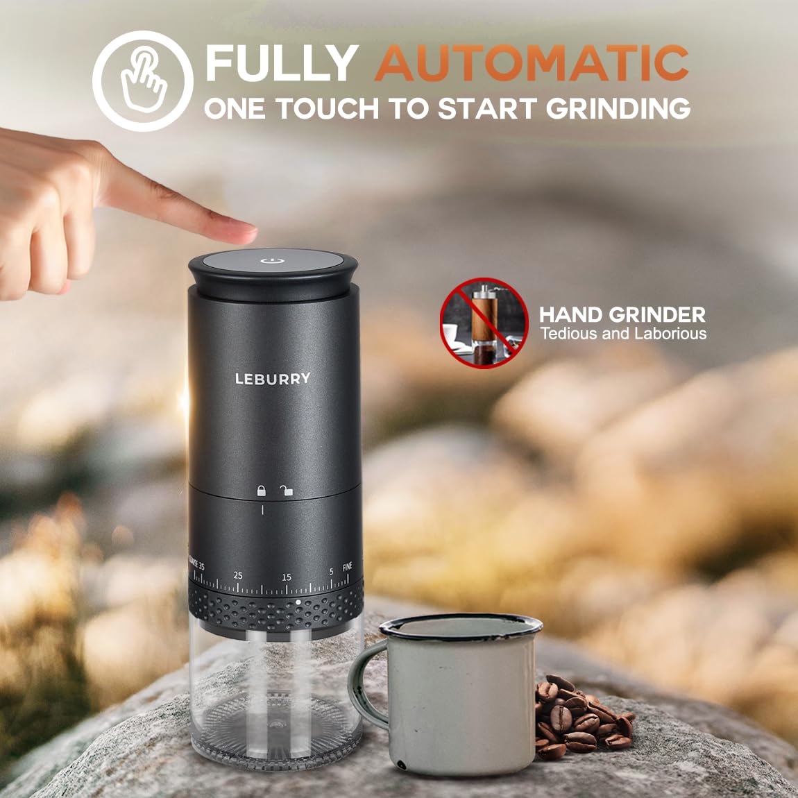 Leburry stainless steel conical burr grinder shown for home and travel use.