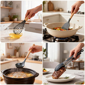 Lecakolma utensils with wooden handles gray; cool touch and easy rinsing.