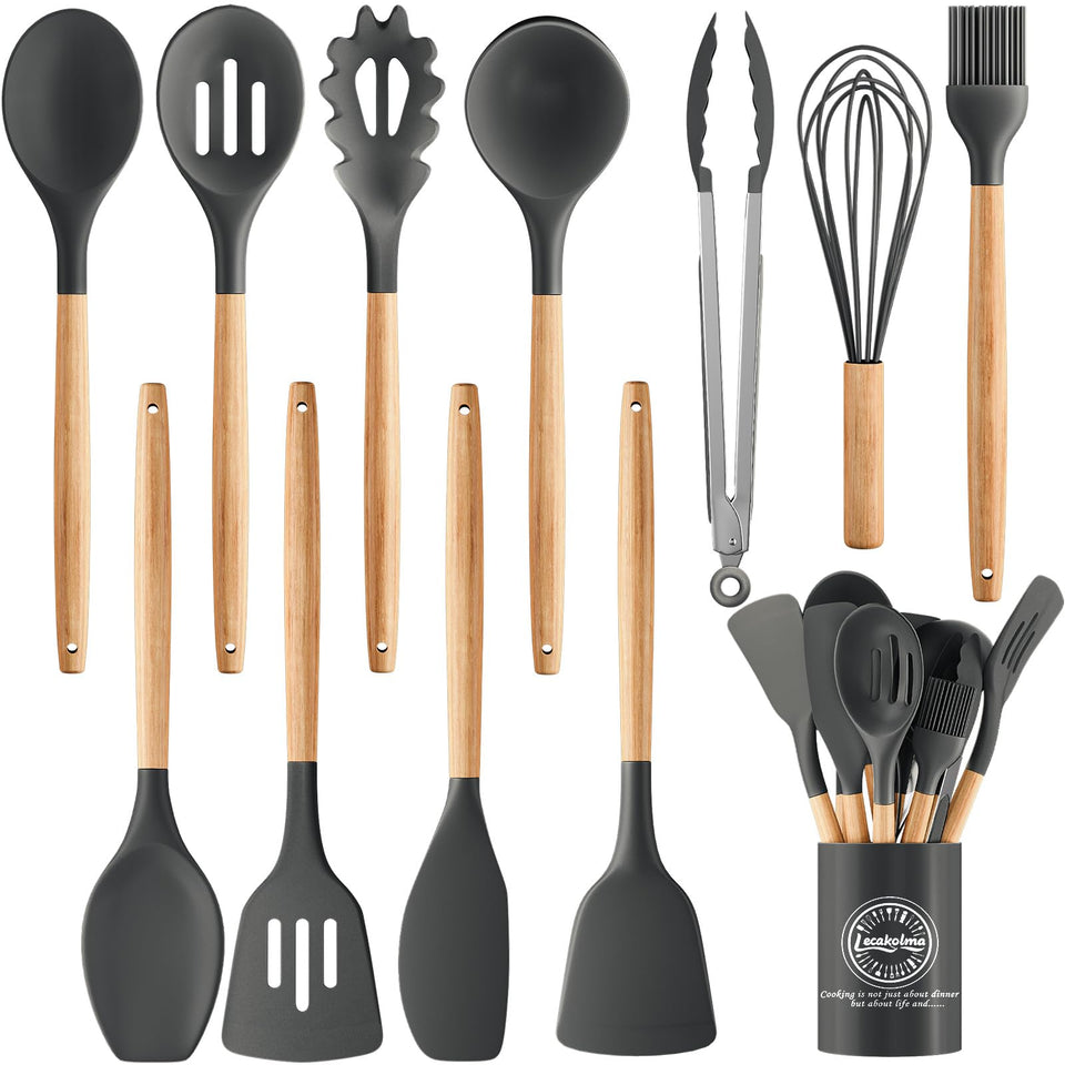 Lecakolma silicone cooking utensil set in gray for complete daily meal prep.