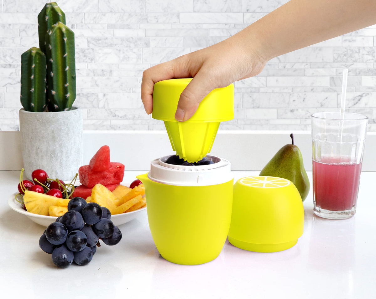 Juice container with spout for easy pouring and no-drip experience.