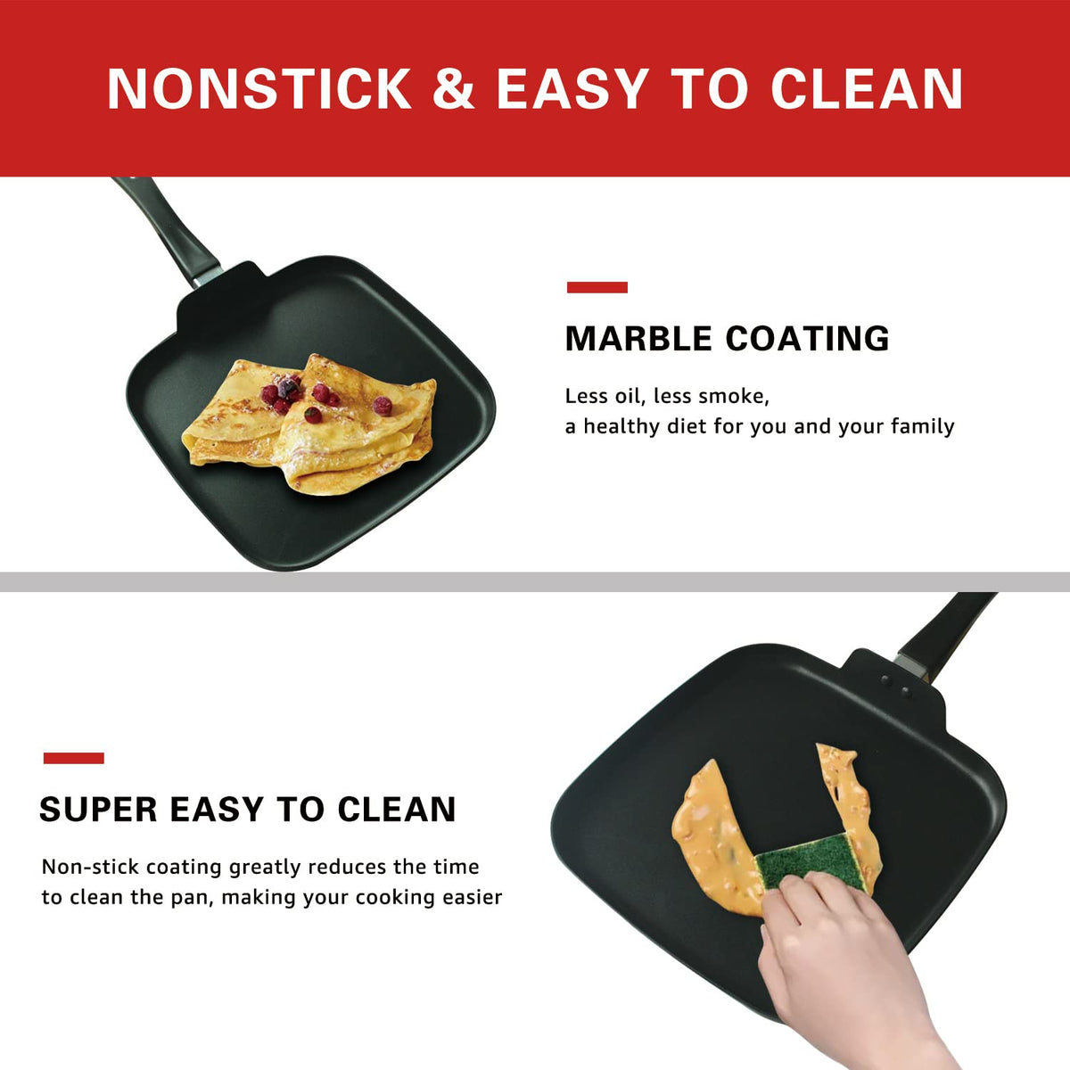 LECOOKING long handle design keeps hands away from heat during flipping.