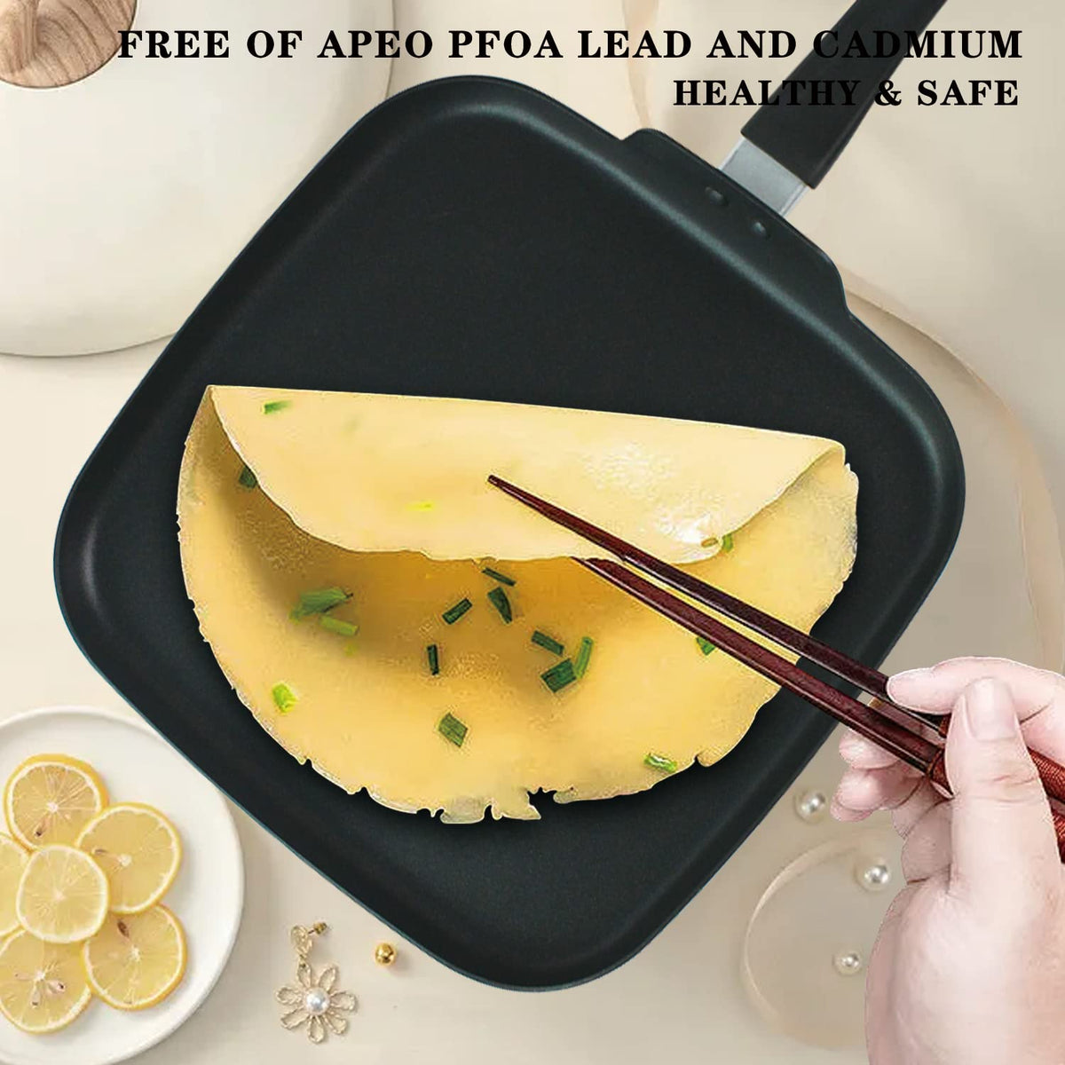 Close-up of LECOOKING nonstick coating showing effortless food release and cleanup.