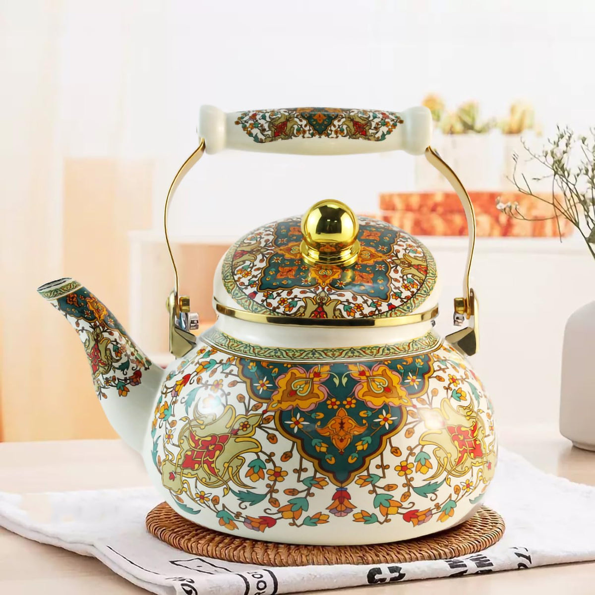 Leebright colorful Boho kettle pouring a cup of tea