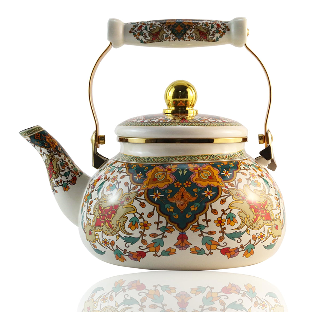 Leebright floral enamel tea kettle 2.5L on stove with vibrant petals