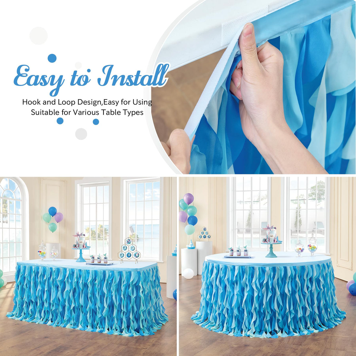 Easy-install table skirt with hook and loop for quick party setup.