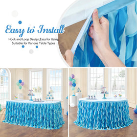 Easy-install table skirt with hook and loop for quick party setup.