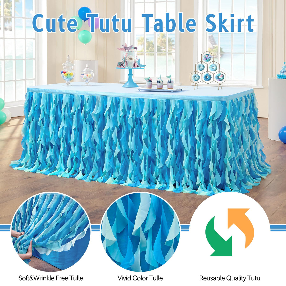 Ocean blue table skirt with curly tulle creating a party ambiance for events.