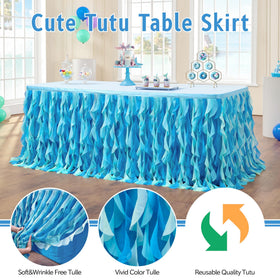 Ocean blue table skirt with curly tulle creating a party ambiance for events.