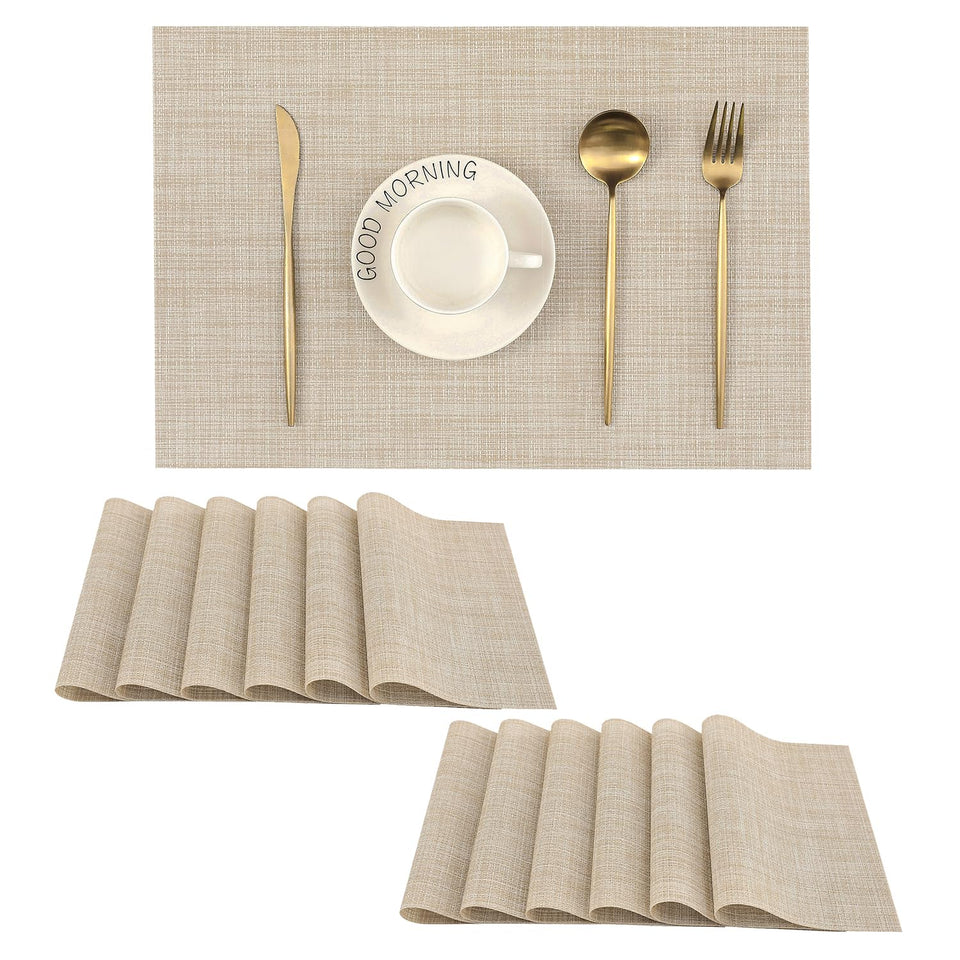 Leetaltree beige placemats set of 12 on a dining table protecting surfaces during meals.