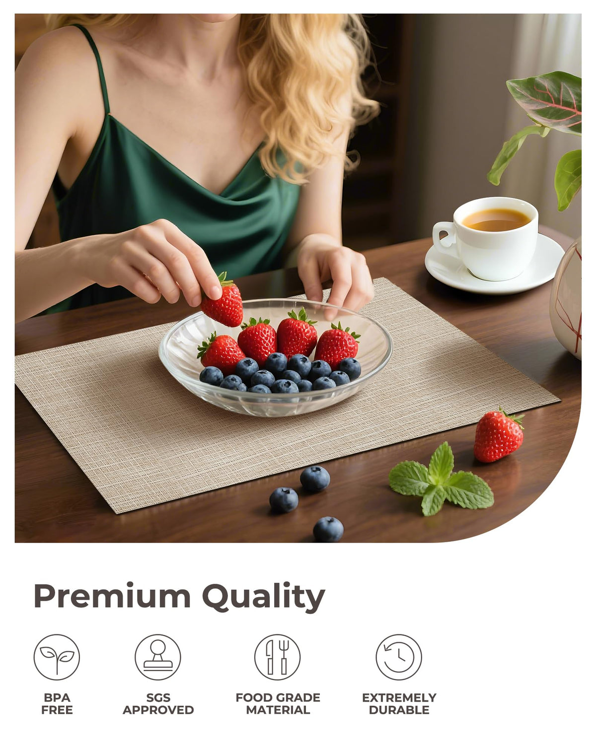 Leetaltree beige placemats washable and quick-drying for easy cleanup.