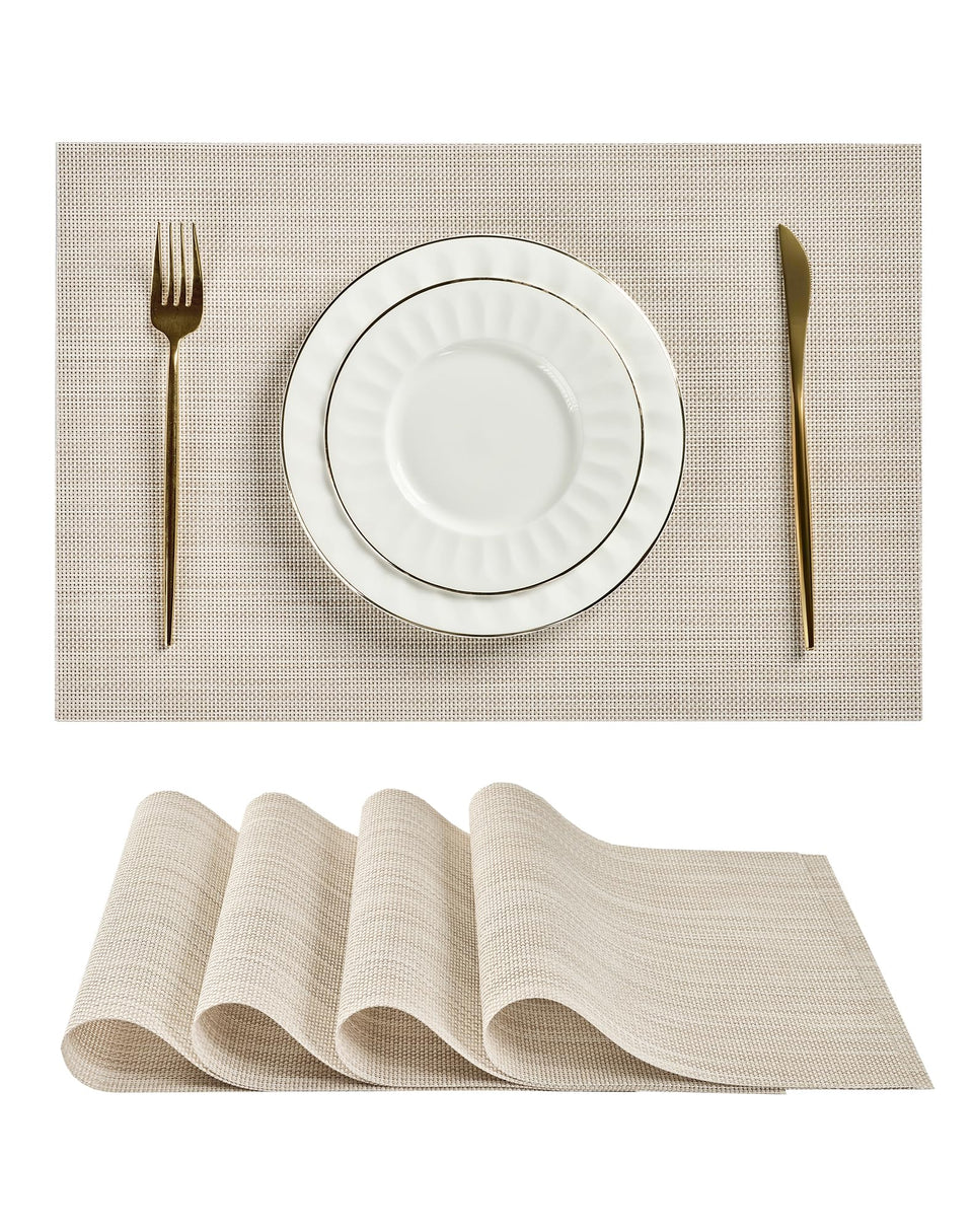Leetaltree beige-white placemats with woven texture protecting tables during everyday meals.