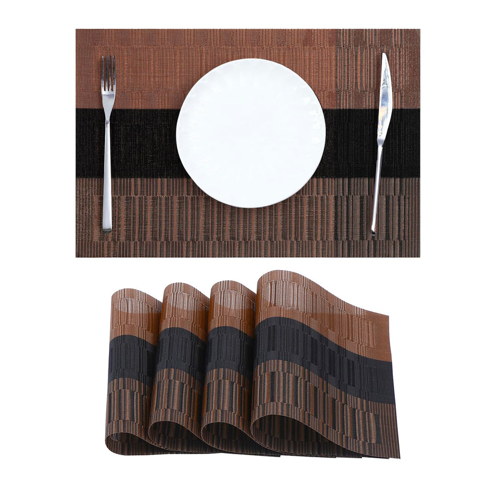 Leetaltree brown-striped placemats 4pc set on dining table, heat protection for dishes