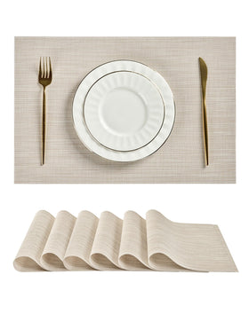 Leetaltree beige-white placemats close-up showing woven texture and spill-resistant surface.