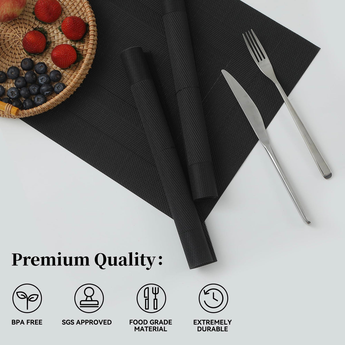 Leetaltree weave-texture placemats provide elegance with easy cleanup after meals.