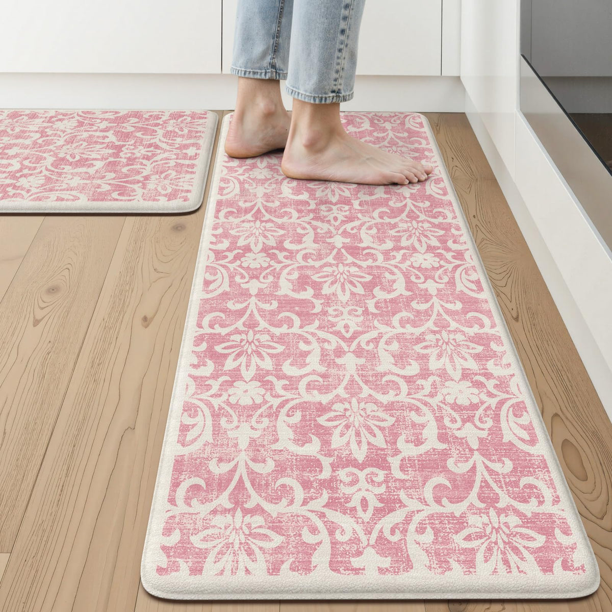 LEEVAN pink kitchen mat with vintage floral design enhances decor and comfort.