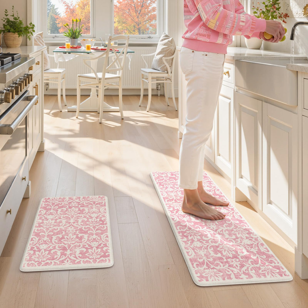 LEEVAN pink mat is versatile for kitchen, desk, or entryways.