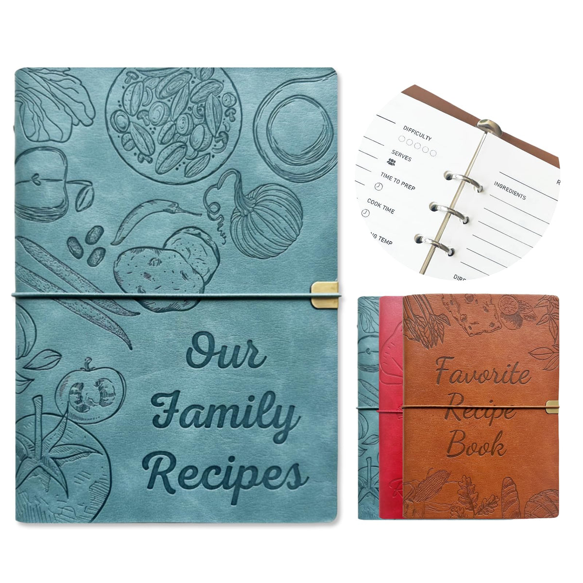 LEEVEEL blank recipe book sky blue cover, durable PU leather for stylish kitchen organization.