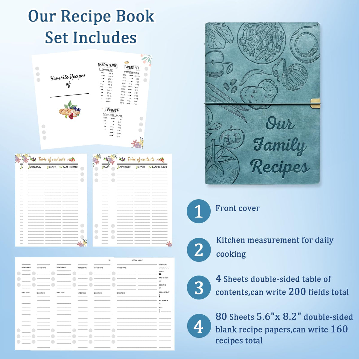 LEEVEEL double-sided recipe pages, generous fields for recording ingredients and steps.