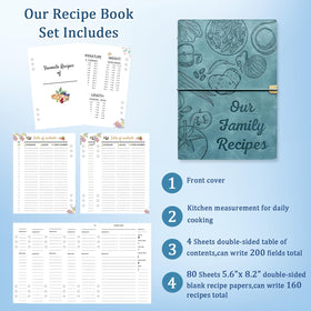LEEVEEL double-sided recipe pages, generous fields for recording ingredients and steps.