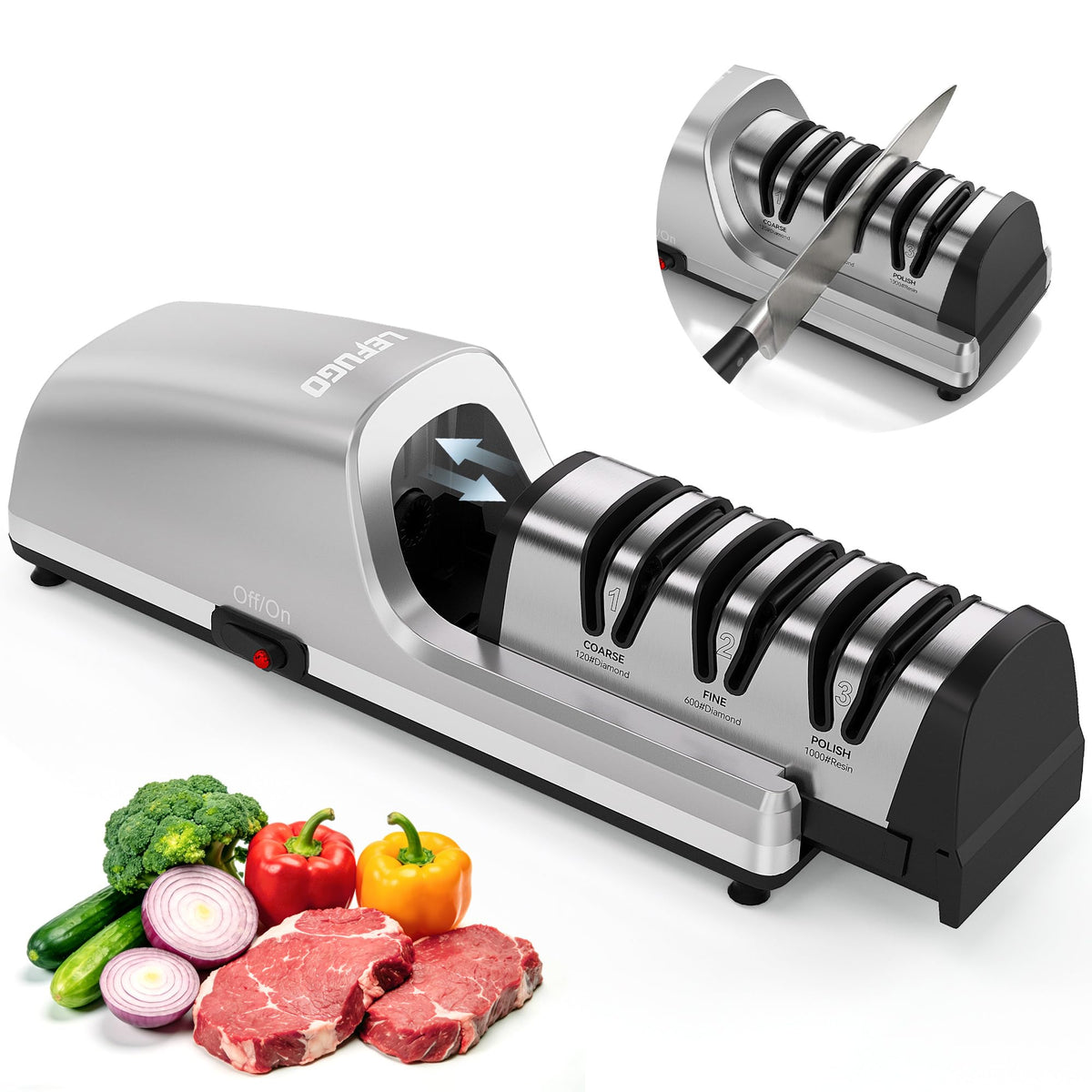 LEFUGO electric knife sharpener front view for quick home sharpening.