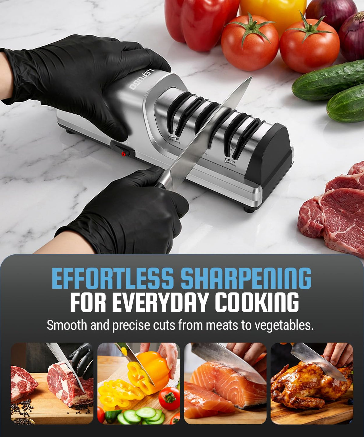 LEFUGO electric sharpener side view highlights compact footprint and ease.