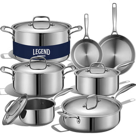 Legend Cookware 5-Ply set in front view highlighting even heat and premium build.
