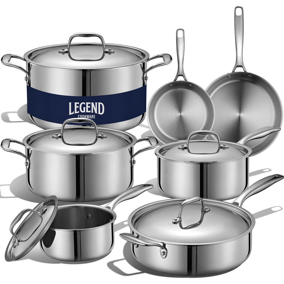 Legend Cookware 5-Ply set in front view highlighting even heat and premium build.