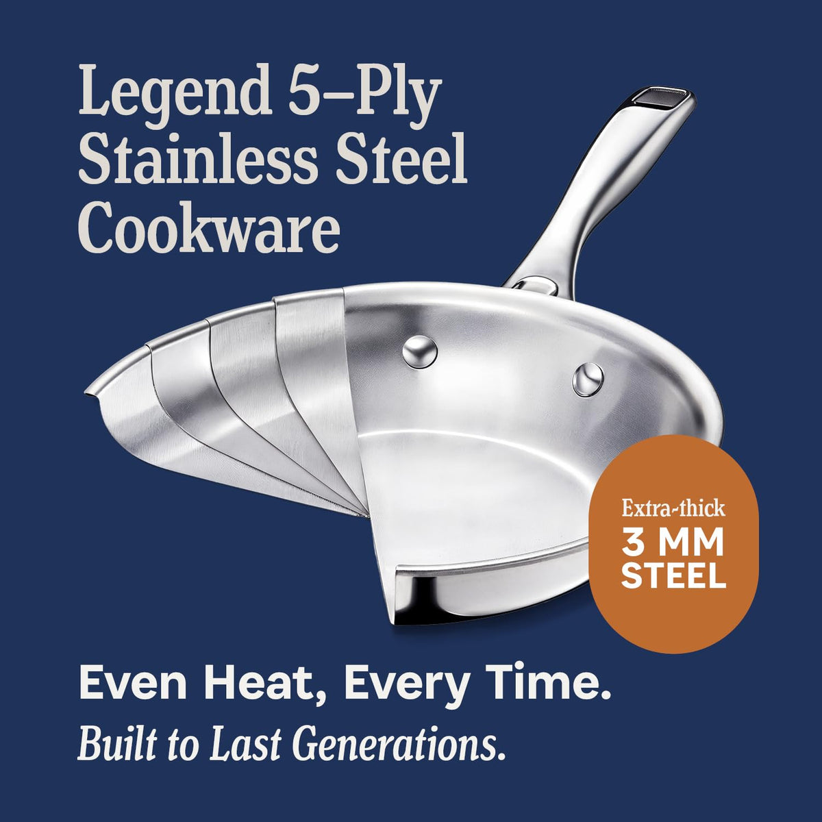 Legend Cookware oven-safe up to 800°F for stove-to-oven transitions.