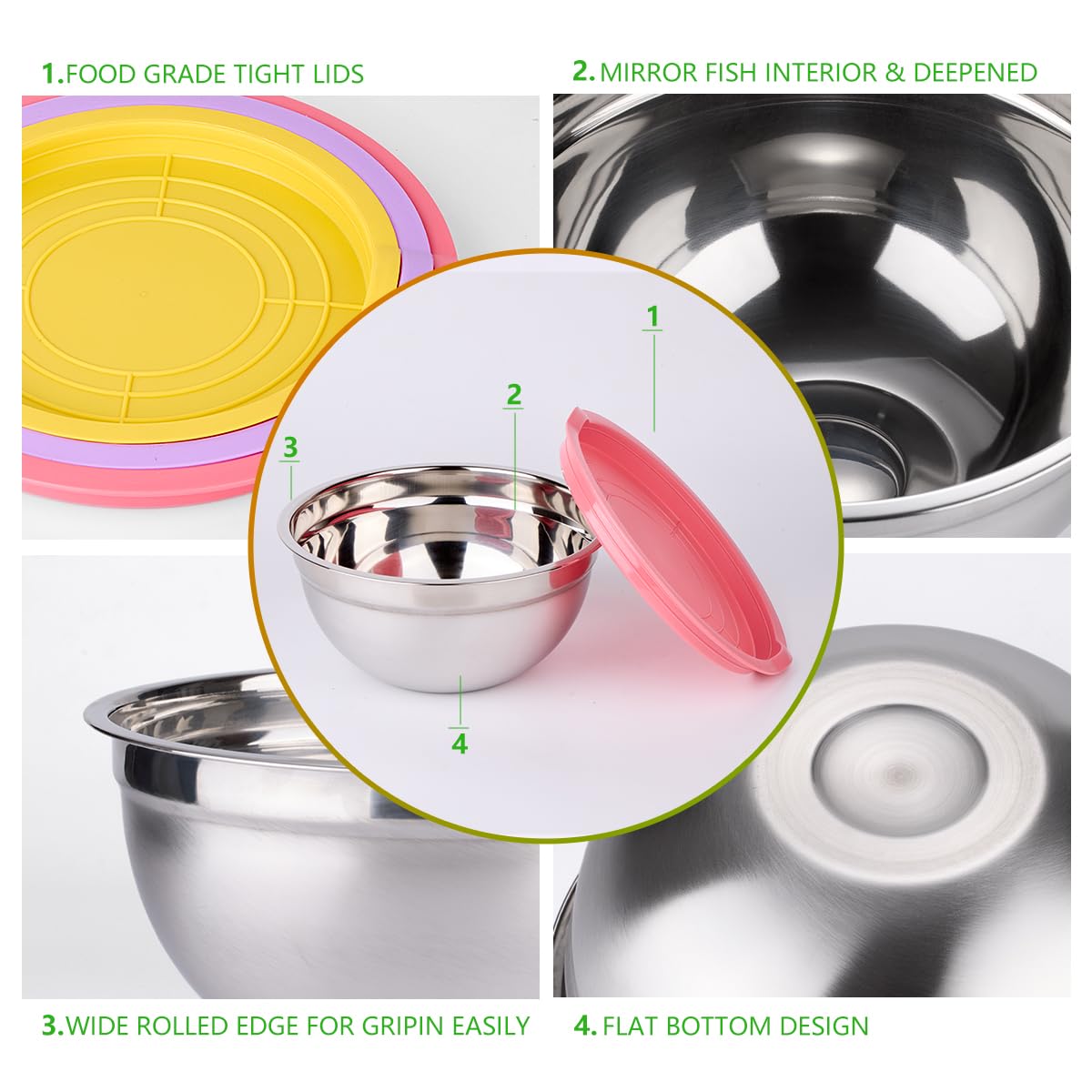 Leidawn bowls with colorful lids, enabling quick content identification.