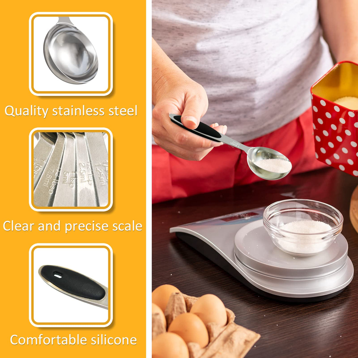 LEIFENY measuring spoon with soft rubber handle for comfortable use.
