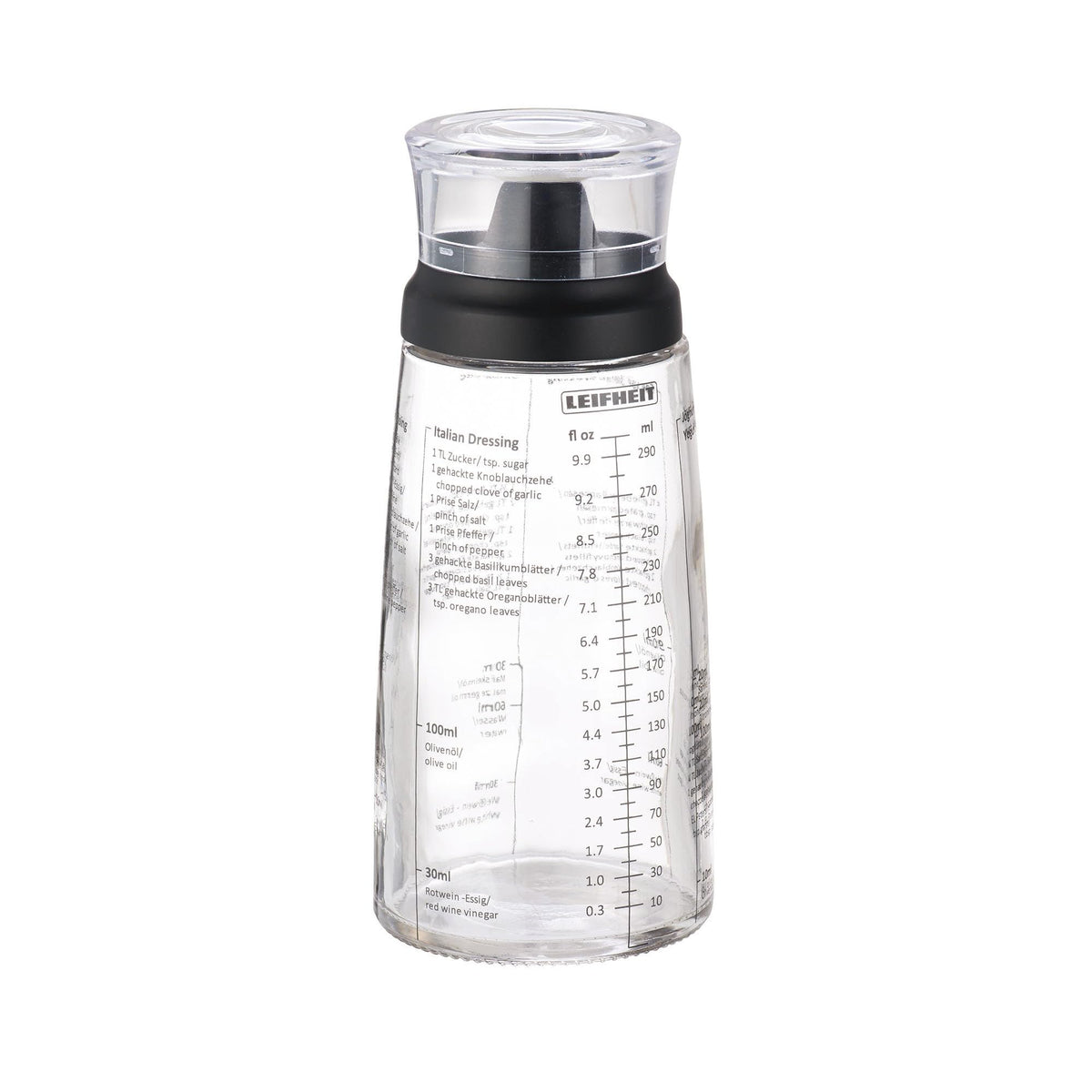 Leifheit glass dressing bottle 10oz with measurements for quick prep.