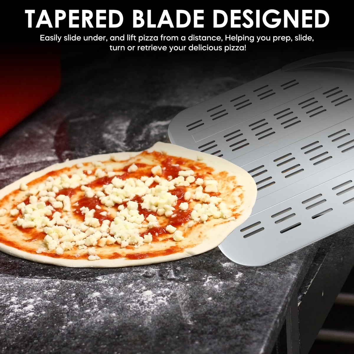 Leightszen pizza peel with tapered blade slides crusts smoothly