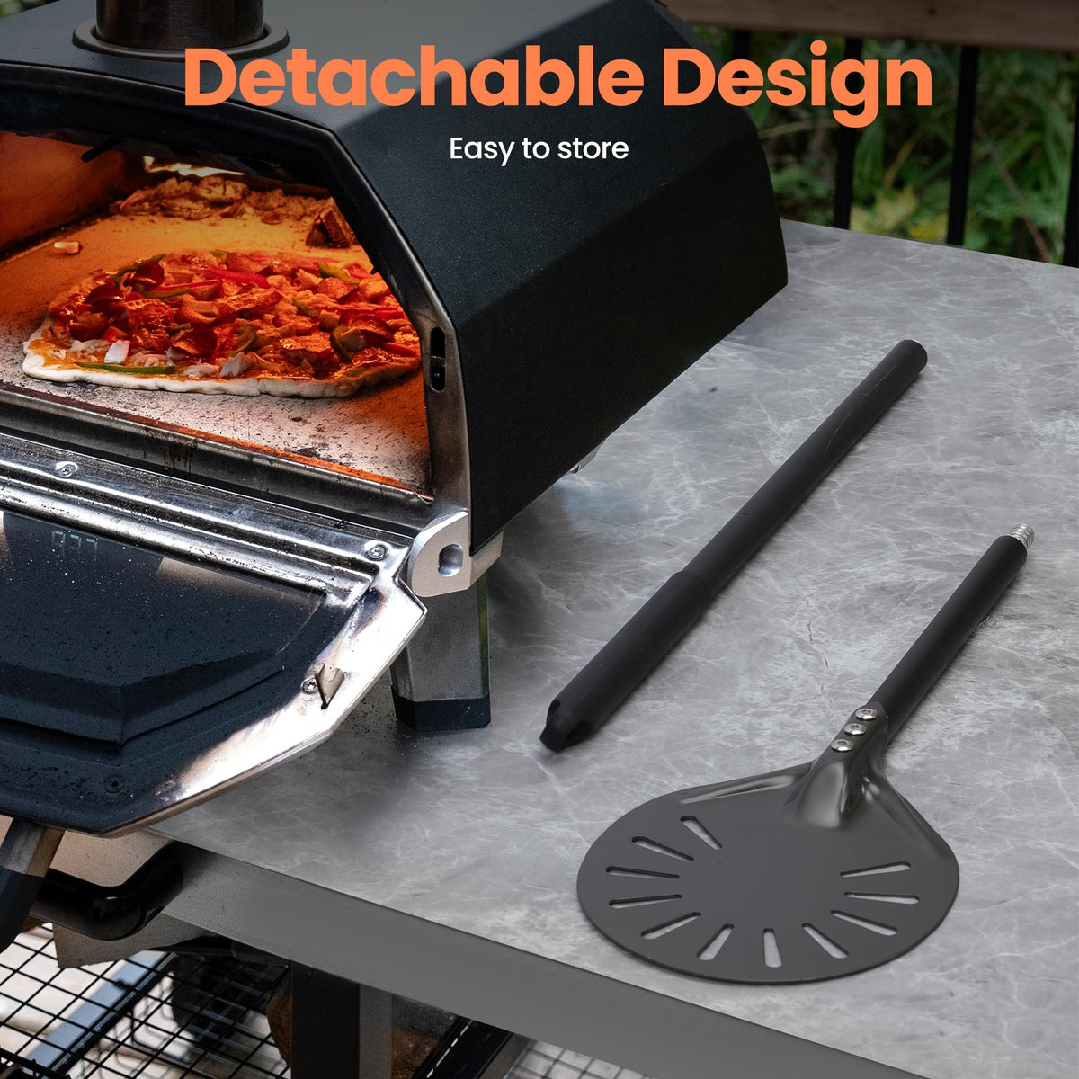 Leightszen safe-cook design peel keeps hands away from heat.