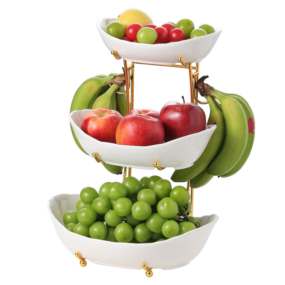 Leijosya Elegant 3 Tier Stand with white bowls for stylish fruit display