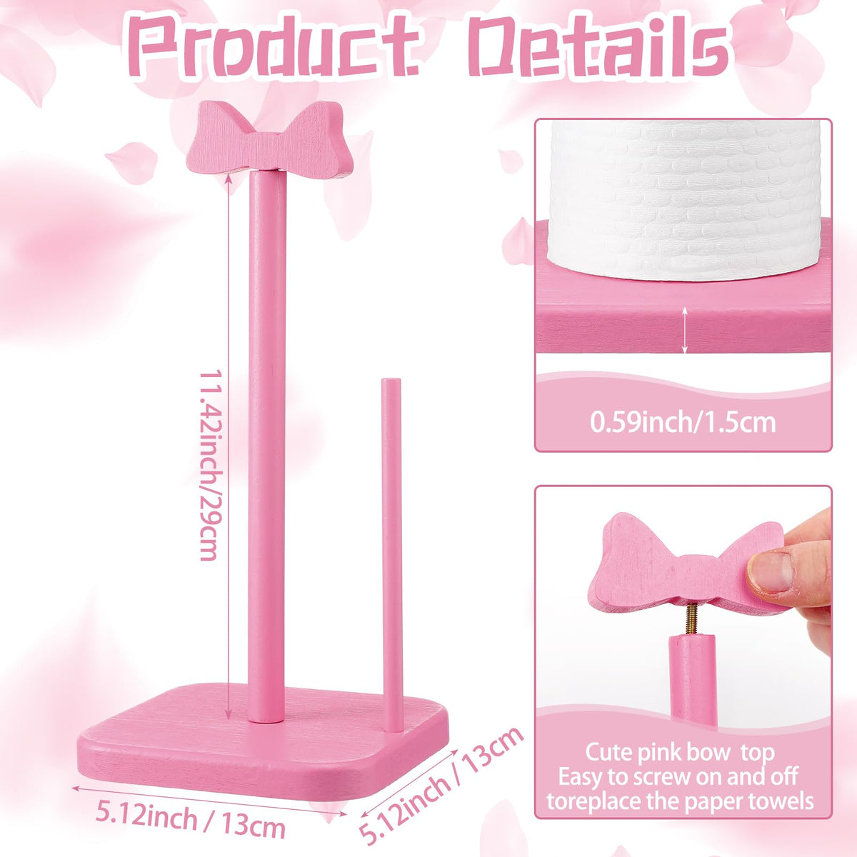 Leinuosen pink bow paper towel holder detailed view highlighting detachable bow for quick reload