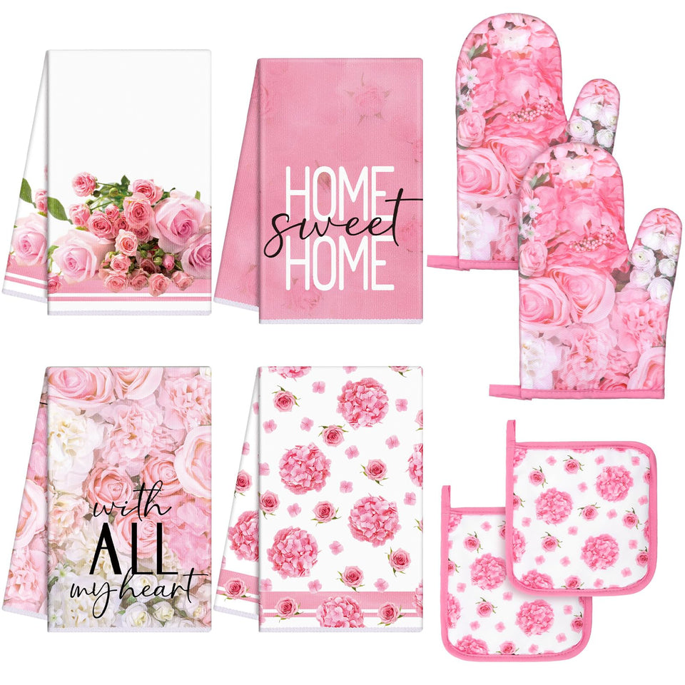 Leinuosen pink rose kitchen towels set for versatile cleaning and drying.