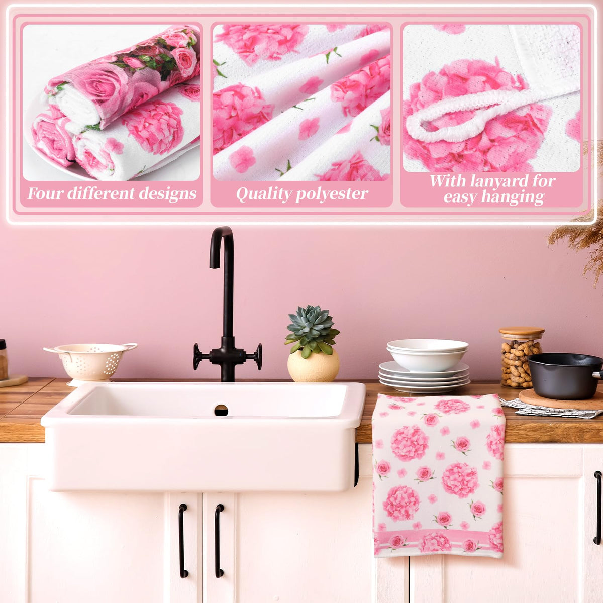 Leinuosen pink rose kitchen towels texture close-up showing microfiber softness.