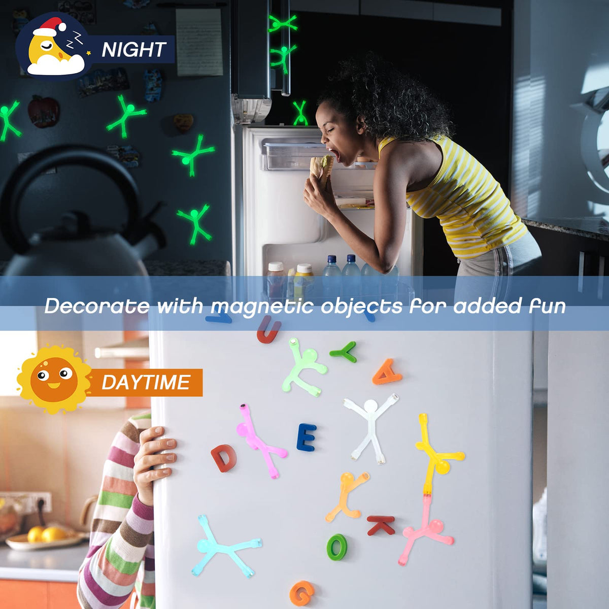 Leitee glow humanoid magnets in orange create a vibrant fridge magnet collection.