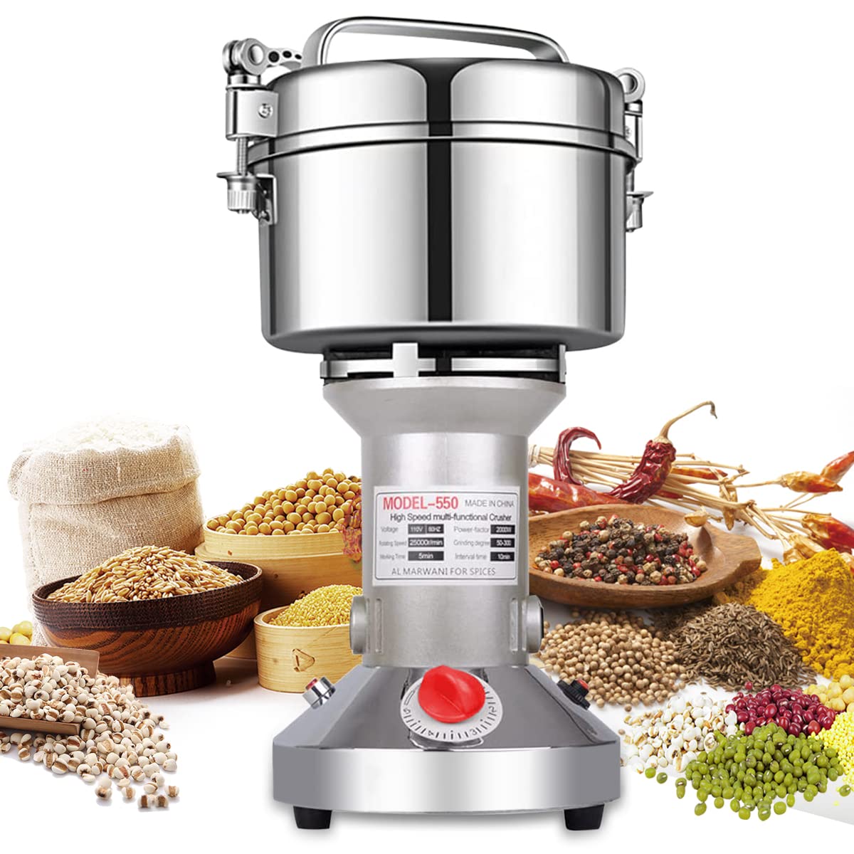 LEJIEYIN electric grinder front view, durable stainless steel body for fast dry spice grinding.