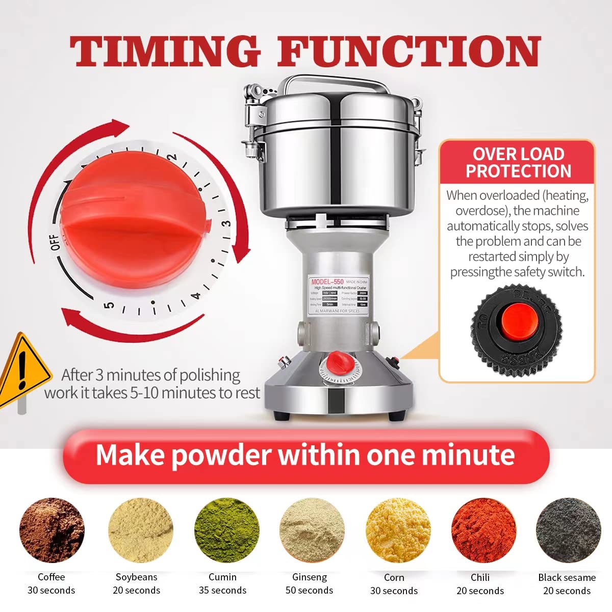 LEJIEYIN electric grinder top view, high-speed grinding for small-batch herbs and grains.