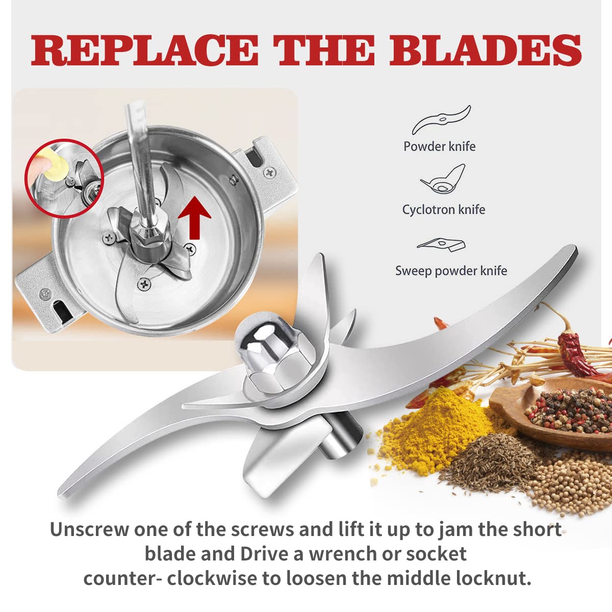 LEJIEYIN grinder triple-blade close-up, efficient pulverization for versatile tasks.