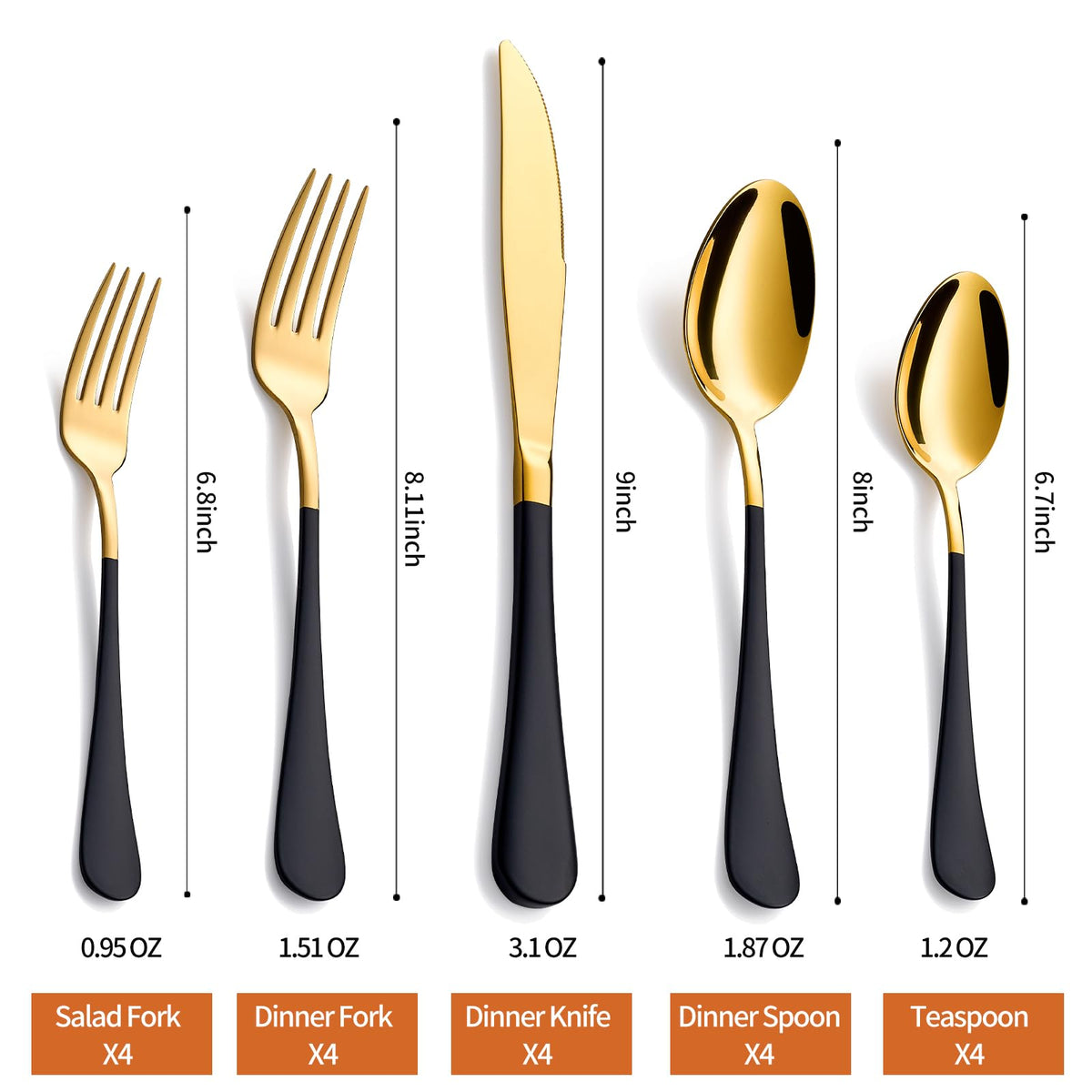 Lekoton dinner knives in gold-black finish add upscale flair to meals.